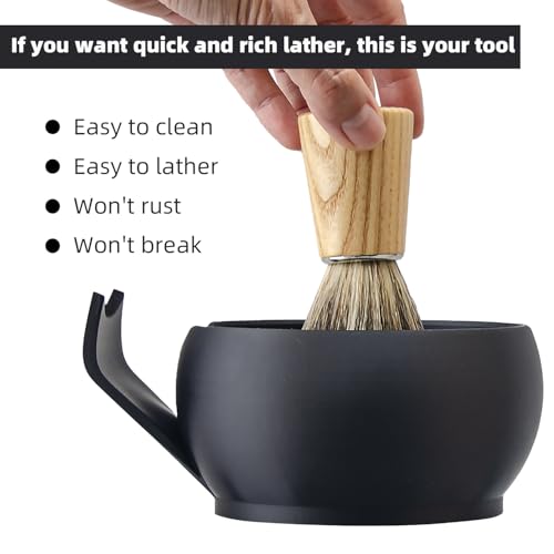 Grandslam Black Shaving Bowl with Ridges & Brush Stand - Classic Grooming Mug