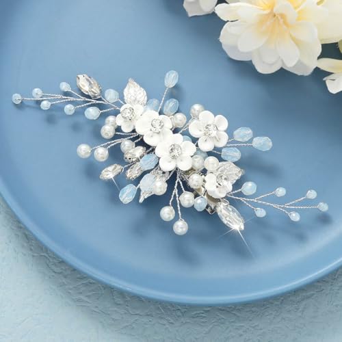 Latious Silver Flower Pearl Bridal Hair Clip with Rhinestones