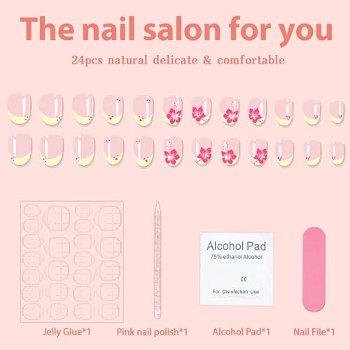 24PCS Short Almond French Tip Press On Nails - Hibiscus Flower Design