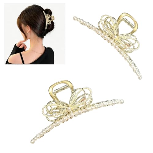 Large Non-Slip Pearl Alloy Hair Claw Clip - White & Yellow