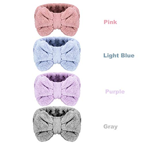 Senkary 4 Pack Microfiber Bow Headbands for Face & Shower, Pink Blue Purple Gray