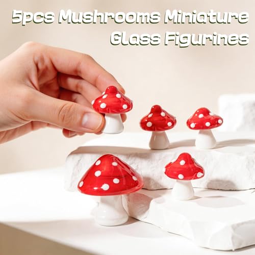 Handcrafted Miniature Glass Mushroom Figurines Set - 5pcs