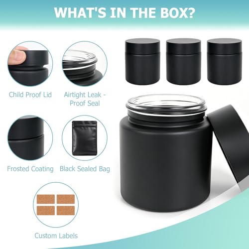 4-Pack Smell Proof Jars - UV Resistant Black Glass Containers