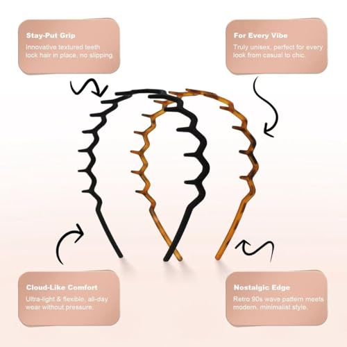2-Pack Non-Slip Zig Zag Headbands for Women - Tortoise & Black