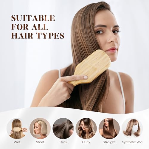 BFWood Bamboo Hair Brush with Metal Bristles for Detangling and Scalp