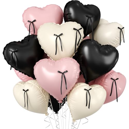 10 Pcs Pink and Black Heart Balloons with Ribbons - 18 Inch