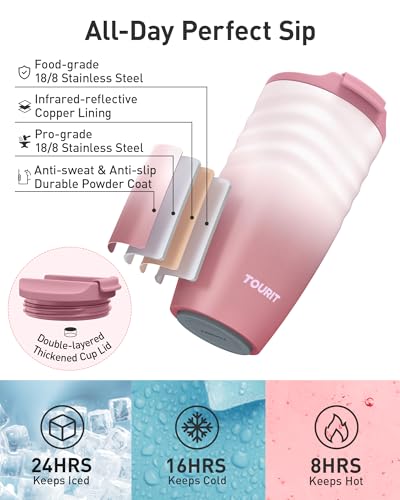 TOURIT 12 oz Travel Coffee Mug - Insulated Stainless Steel Tumbler with Anti-Slip Grip & Leak-Proof Lid, Mist Purple