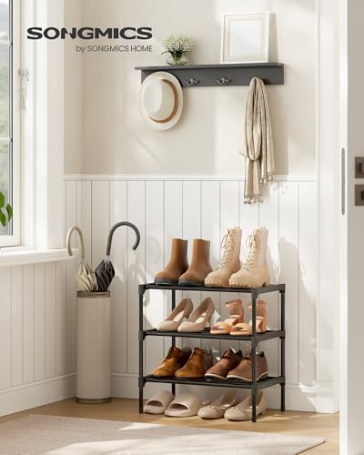 SONGMICS Compact 3-Tier Shoe Rack Organizer - Stackable Metal Storage for Small Spaces, Ink Black