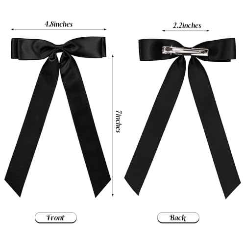 Feinigesi Satin Bow Hair Clips 4-Piece Set with Long Tails – Black White Teal Green Wine Red