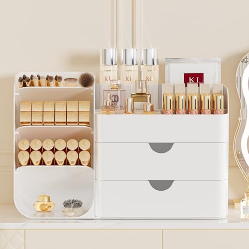 Large Makeup Organizer for Vanity with Drawers and Brush Holder, White