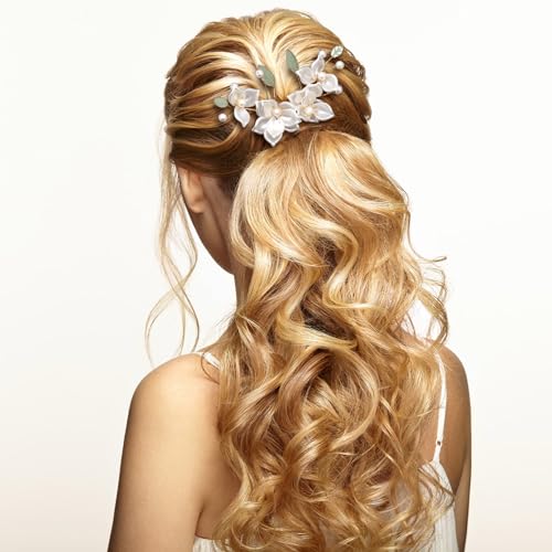 Camellia 5pcs White Flower Tassels Hairpins for Women Wedding Pearl Headpiece