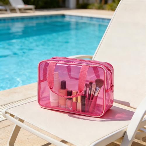 Pink Transparent PVC Travel Cosmetic Bag Waterproof Makeup Organizer with Handle - 11.8 x 5.12 x 8.26 inches