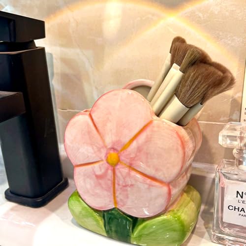 Pink Ceramic Flower Makeup Brush Holder - Decorative Pen Organizer for Vanity