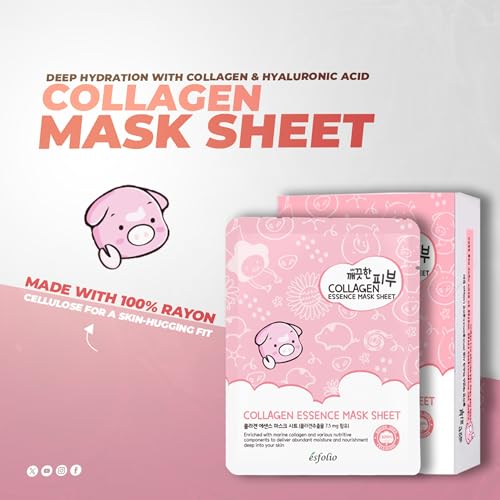 esfolio Collagen Essence Sheet Mask - Hydrating & Firming Facial Mask for Glowing Skin - Anti-Aging Korean Skincare - Pack of 10