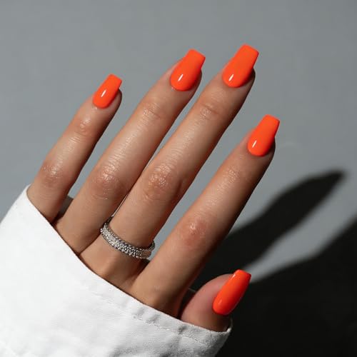 SXVME Neon Orange Medium Square Press-On Nails - 28 Pcs Salon Quality