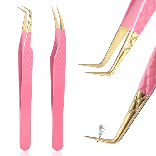 Eyelash Extension Tweezers 2 Pack - 90 Degree Microfiber Precision Lash Tweezers for Volume & Cluster Lashes, Pink