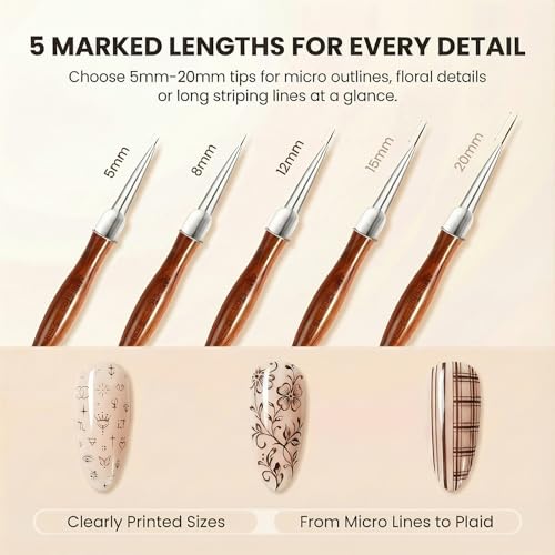Wood Color 5PCS Nail Art Liner Brush Set - 5mm to 20mm Tips