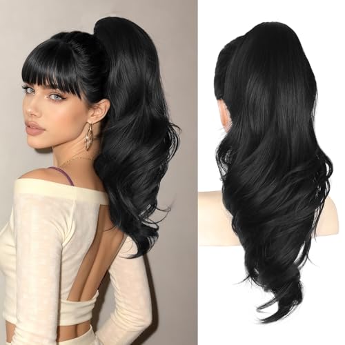 18" Natural Black Ponytail Extension Clip In for Women - Long Wavy