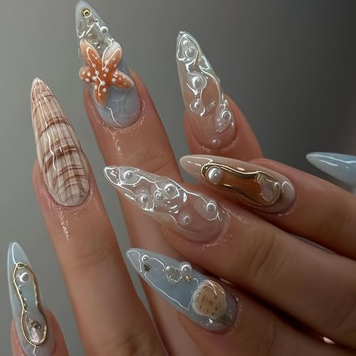 24pcs Almond Shape 3D Seashell Press on Nails - Summer Beach Design