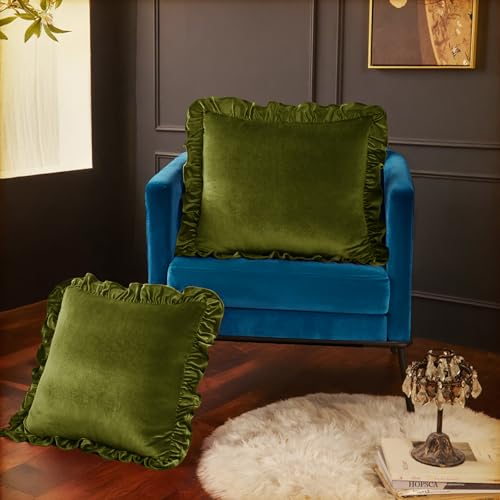 Olive Green Velvet Throw Pillow Covers, 18x18 Inches, Set of 2