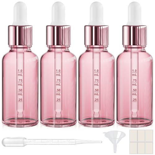PrettyCare 4 Pack 1oz Rose Glass Dropper Bottles for Essential Oils - Leakproof Tincture & Beauty Bottles with Labels & Funnels
