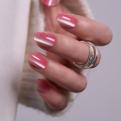CurvLife Rose Gleam Short Oval Shimmer Press-On Nails - Cat Eye Style