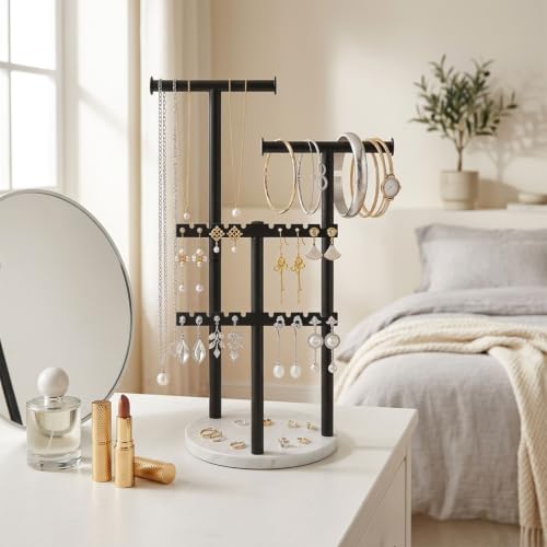 Jewelry Organizer Stand with Marble Base - 3-Tier Necklace Holder