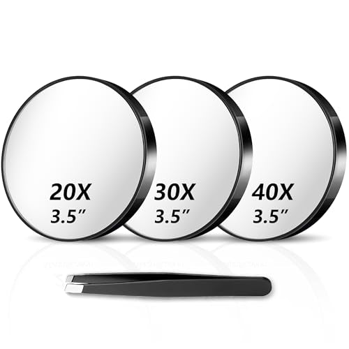 Black 3-Pack Travel Magnifying Mirrors 20X 30X 40X with Tweezers & Suction Cups