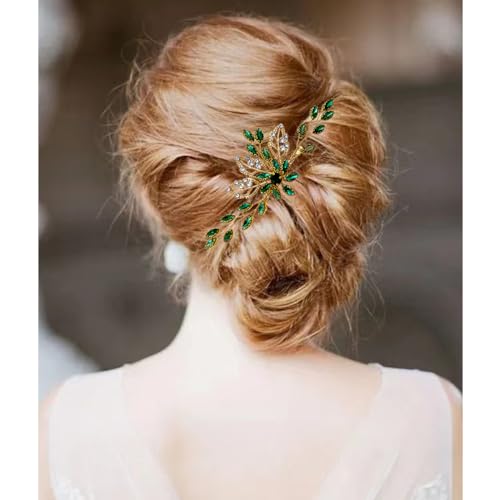 Auswalar Bridal Hair Comb 9 Green Gold Crystal Wedding Side Hair Clip for Bride