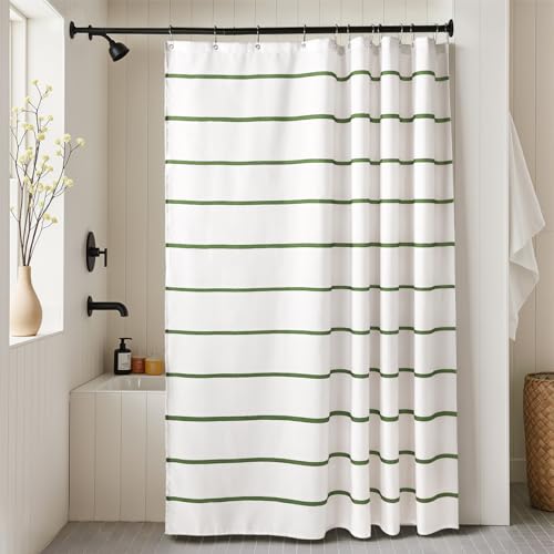 Sage Green Striped Shower Curtain Set with Hooks - 72" x 72"