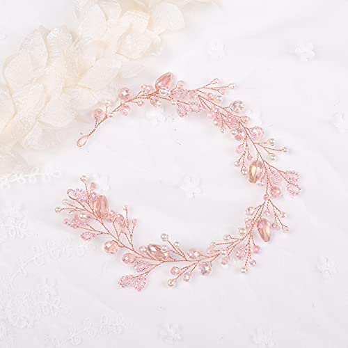 Kercisbeauty Rose Gold Pink Crystal Pearl Boho Headband