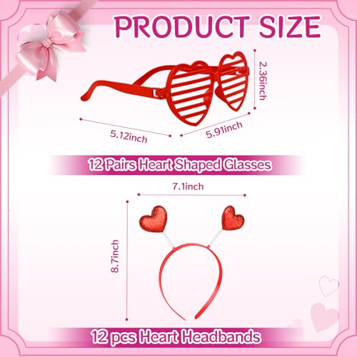 Valentine's Heart Headbands & Heart-Shaped Sunglasses Set - Red & Pink, 24 pcs