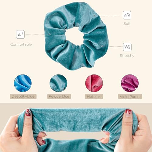 Lolalet Large Velvet Scrunchies Pack of 4 - Multi Color Hair Bands for Women & Girls, Thick Curly Hair Ponytail Holders - Style C Blue, Pink, Purple