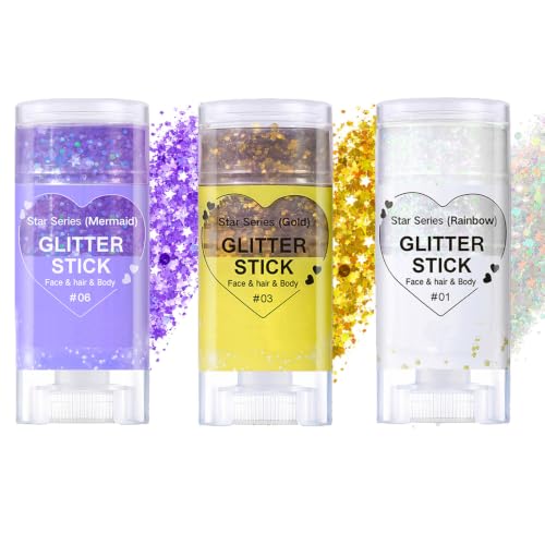 3PCS Waterproof Face Glitter Stick Set - Gold, White, Purple
