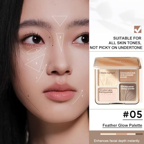 JUDYDOLL Highlight & Contour Palette, All-in-One Matte Highlighter Contour Compact,Natural Brightening Finish for Cool Fair & Olive Skin (05 Feather Glow Palette)