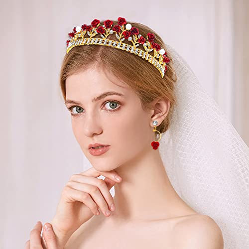 Aswewamt Red Bridal Rose Crown Headband and Earrings Set - Gold Flower Wedding Jewelry