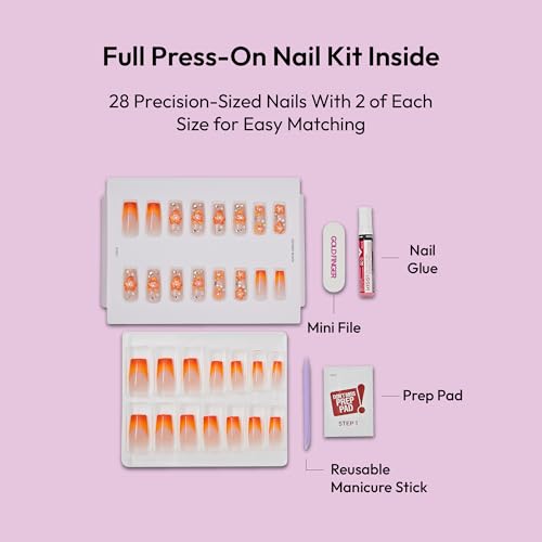 Goldfinger Grand Long Square 3D Handmade Press On Nail Kit with Rhinestones, Reusable, Lasts 2 Weeks