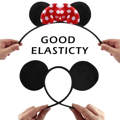 Lucky Will 20 Pack Mouse Ears Headbands with Red Bow - Kids & Adults