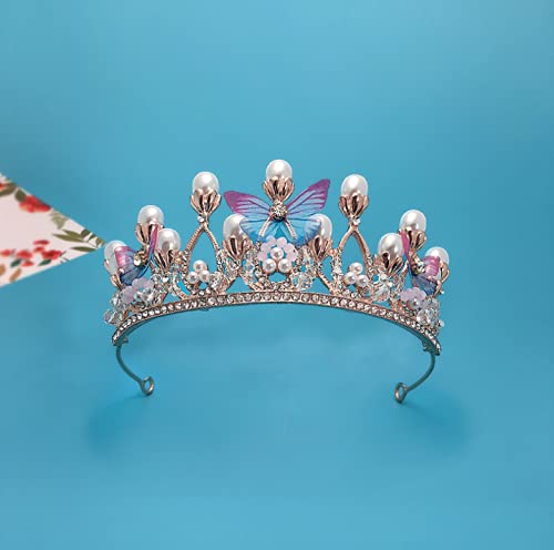 Gold Butterfly Princess Tiara Headband with Pearls & Rhinestones for Wedding Bridal Prom