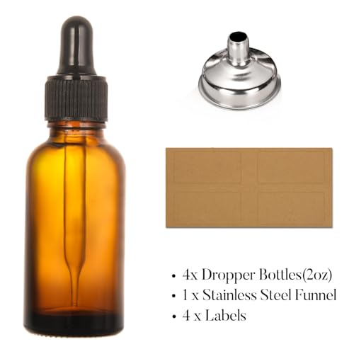 AOZITA Amber Essential Oil Bottles 2oz (60ml) Refillable Glass Containers with Dropper & Funnel – Pack of 4