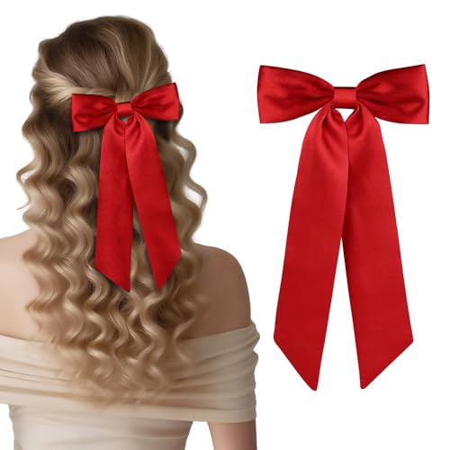 WantGor Satin Long Tail Bow Hair Clips for Women - Red