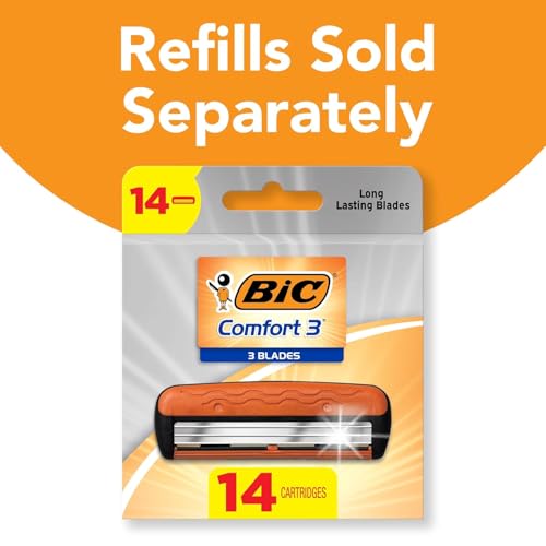 BIC Comfort 3 Men's Refillable 3-Blade Razors with 1 Handle and 12 Cartridges, Smooth Shave Kit for Dorm and Daily Grooming, College Dorm Room Essential, Shower Caddy and Toiletry Bag Ready