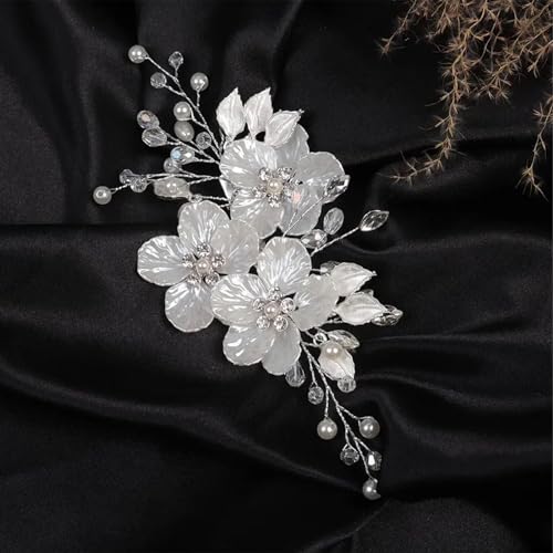 Supgoodom Glitter Emboss White Flower Bridal Hair Clips & Pins Set - Crystal Pearl Wedding Accessories