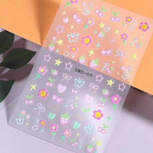Juggssa Sweet Flower 5D Embossed Nail Stickers – Colorful Cherry, Strawberry, Heart & Star Designs for Manicure, 3 Sheets