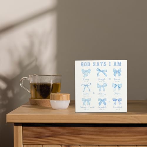 Blue Bow Christian Wooden Sign - Inspirational Decor 5x5