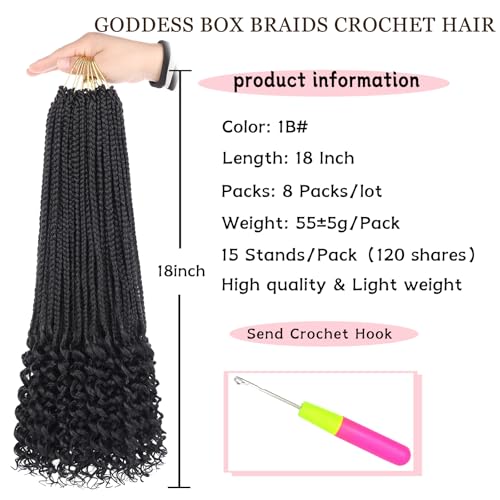 18 Inch Curly Ends Box Braids with Pre-Looped Crochet Hair - 8 Packs, 120 Strands, Goddess Style