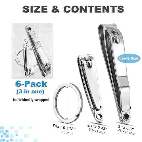 12 pcs Nail Clippers Bulk Set with Files - Large Toenail & Small Fingernail Clippers with Keychain (Variation: Clippers with file, 6 Large & 6 Small)