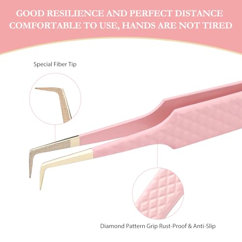 Lash Tweezers Set for Eyelash Extensions - 3 Precision Fiber Tip Diamond Grip, Volume,L-shape Boot, 90 Degree Lash Tweezers for Volume Classic Lashes Premade Fans (3)
