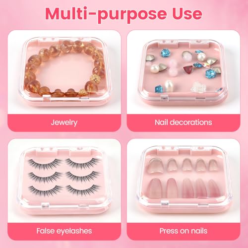 YINGJEE Pink Press On Nail Storage Box Set with 90 Double-Sided Tape - Compact Organizer for Fake Nails & Jewelry