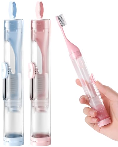 First-zgel Pink & Blue Travel Toothbrush Kit with Built-in Case & Refillable Toothpaste, Soft Bristles, Portable 2-Piece Set